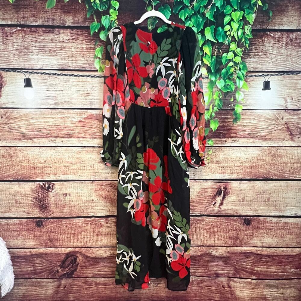 Farm Rio x Anthropologie Long Sleeve V Neck Floral Maxi Dress Balloon Sleeve S - Picture 9 of 11
